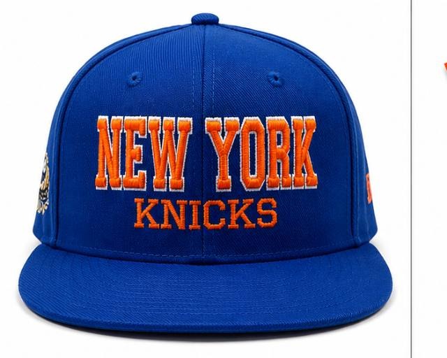 Blue Knicks-inspired embroidered snapback close-up