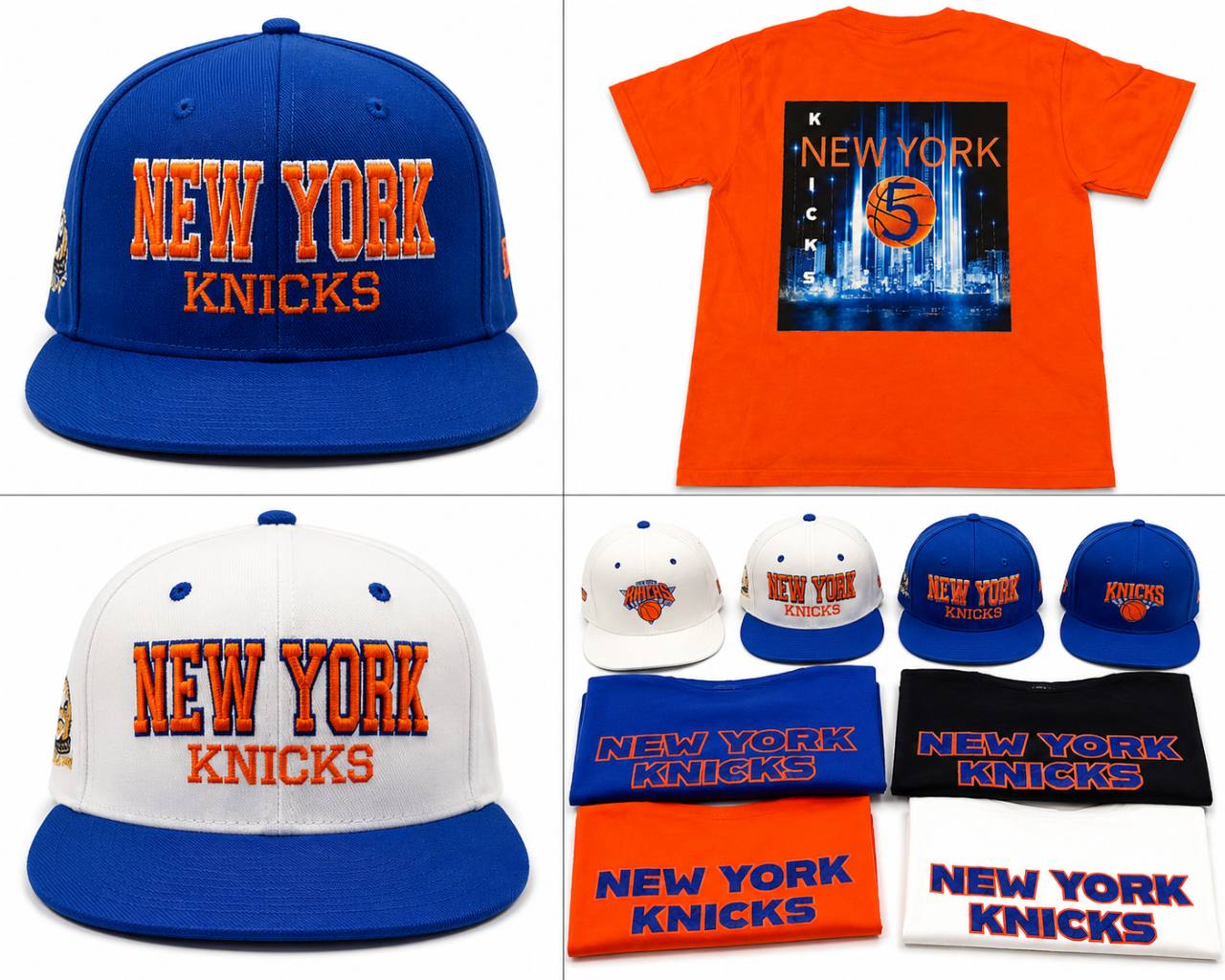 Knicks-inspired hats and shirts custom merchandise collage