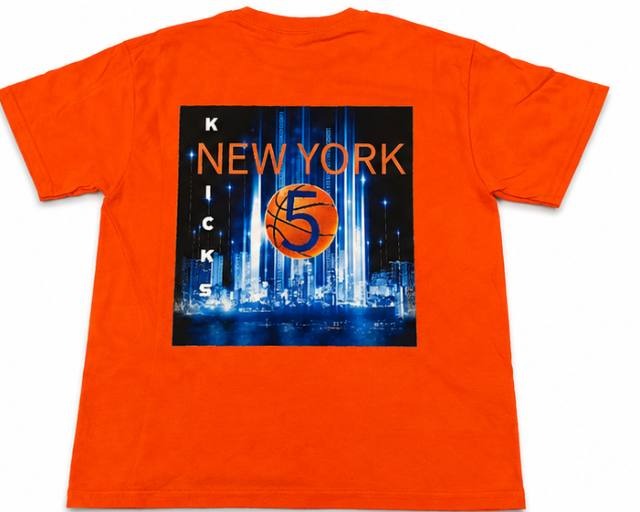 Orange Knicks-inspired full-color DTF printed shirt