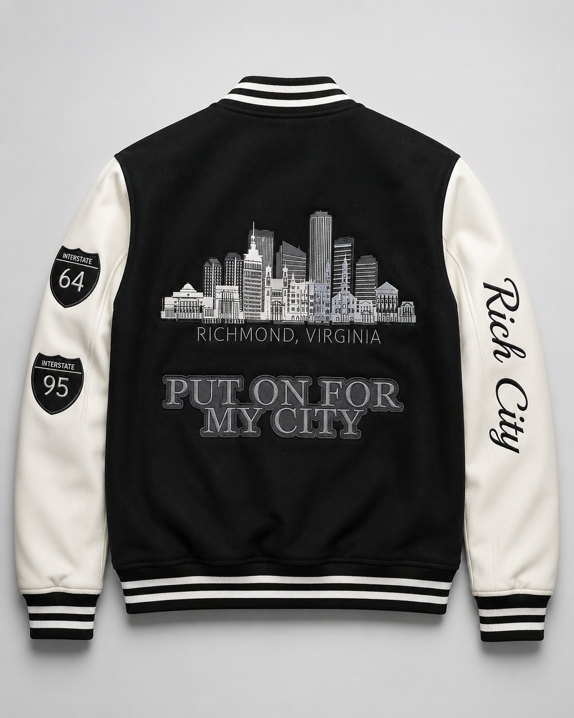 Swamp Lyfe varsity jacket back with Richmond Virginia skyline and Put On For My City text